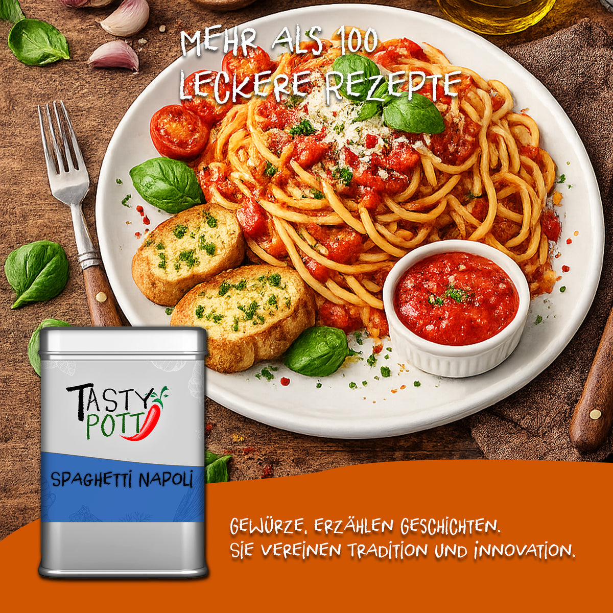 Tasty Pott Spaghetti Napoli Gewürzmischung Dose vor einem Teller Spaghetti mit Tomatensauce, Knoblauchbrot und Basilikum.