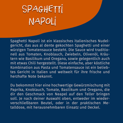 Texttafel mit Beschreibung der Spaghetti Napoli Gewürzmischung von Tasty Pott auf blau-orangefarbenem Hintergrund.