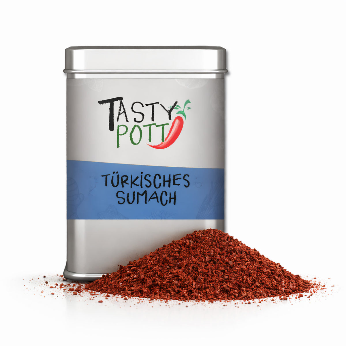 Vorderansicht einer Tasty Pott Dose türkisches Sumach mit einem Haufen Sumachpulver davor auf weißem Hintergrund.