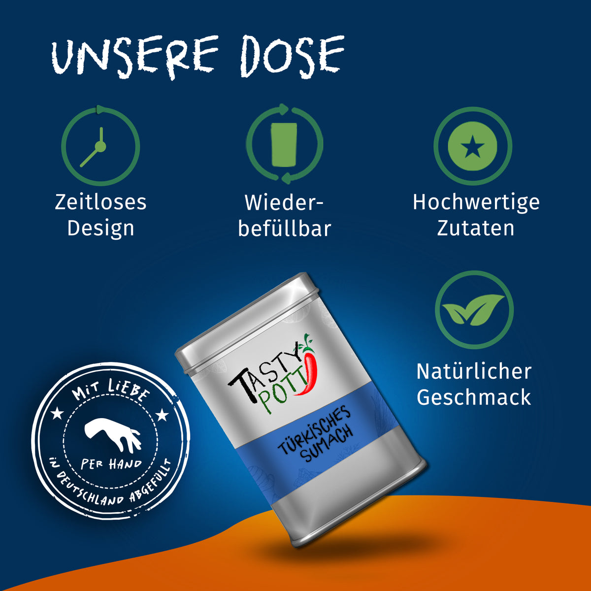 Tasty Pott Dose türkisches Sumach schräg dargestellt auf blauem Hintergrund mit Symbolen für zeitloses Design und hochwertige gewürze.