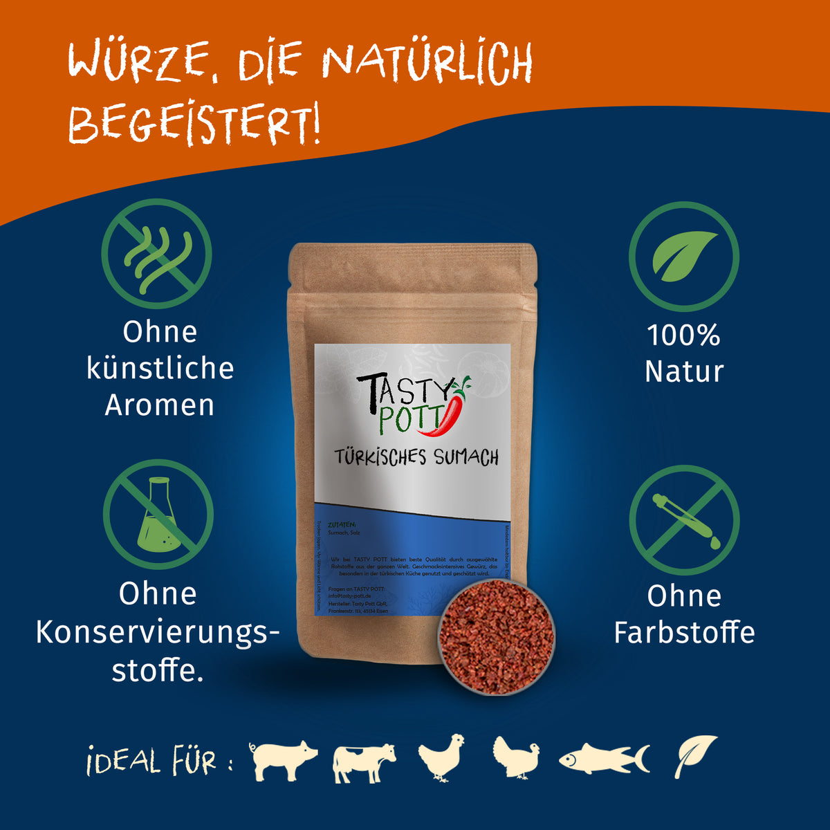 Tasty Pott türkisches Sumachpulver im Nachfüllbeutel, umgeben von Symbolen für natürliche Zutaten und ohne Zusatzstoffe auf blau-orangefarbenem Hintergrund.