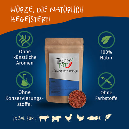 Tasty Pott türkisches Sumachpulver im Nachfüllbeutel, umgeben von Symbolen für natürliche Zutaten und ohne Zusatzstoffe auf blau-orangefarbenem Hintergrund.