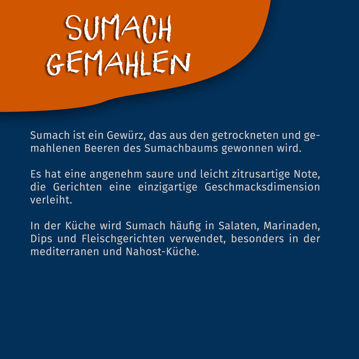 Texttafel mit Beschreibung zu gemahlenem Sumachpulver, Verwendung und Geschmack auf blau-orangefarbenem Hintergrund.