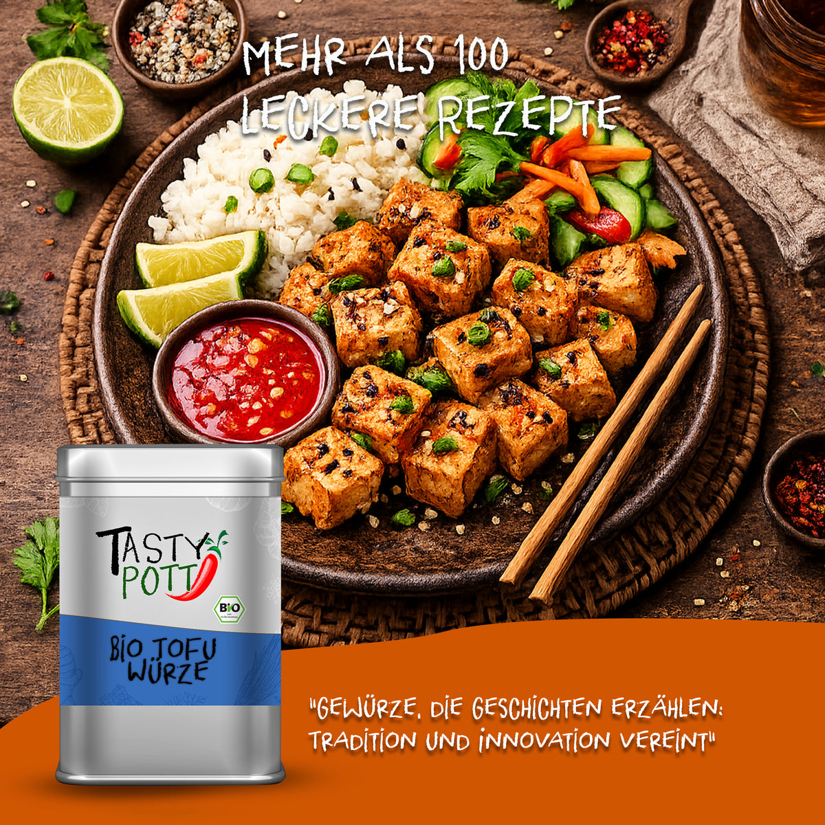 Serviervorschlag mit gebratenem Tofu, Reis und Gemüse, vorne Tasty Pott Bio Tofu Gewürz Dose, ideal zum Kochen und Backen.