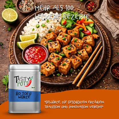 Serviervorschlag mit gebratenem Tofu, Reis und Gemüse, vorne Tasty Pott Bio Tofu Gewürz Dose, ideal zum Kochen und Backen.