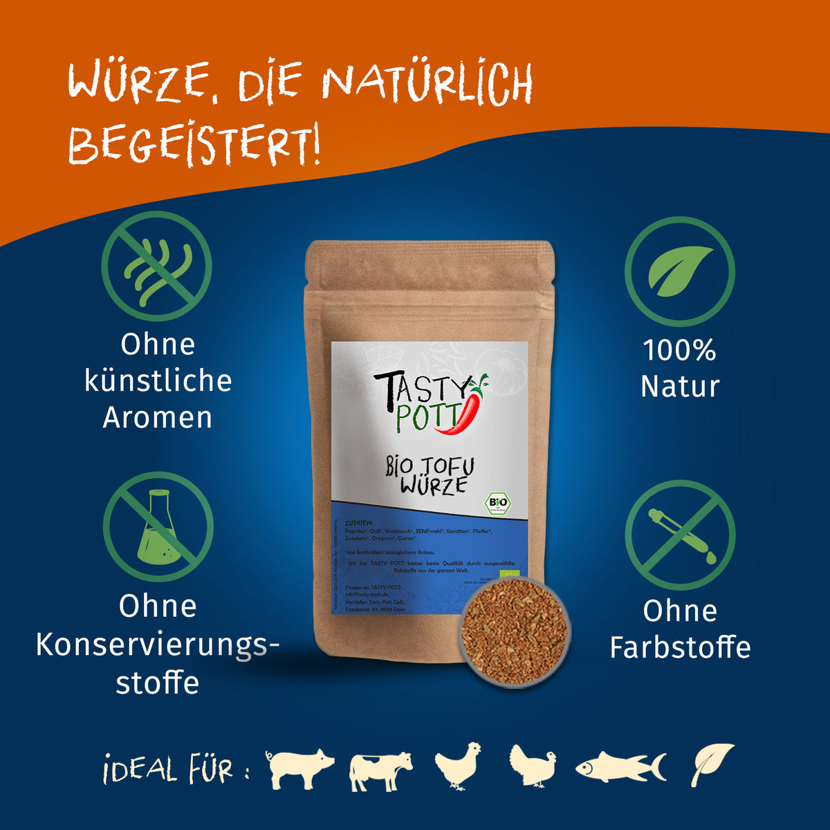 Tasty Pott Bio Tofu Gewürz Nachfüllbeutel auf blauem Hintergrund mit Symbolen für natürliche und vegane Gewürze ohne Zusatzstoffe.