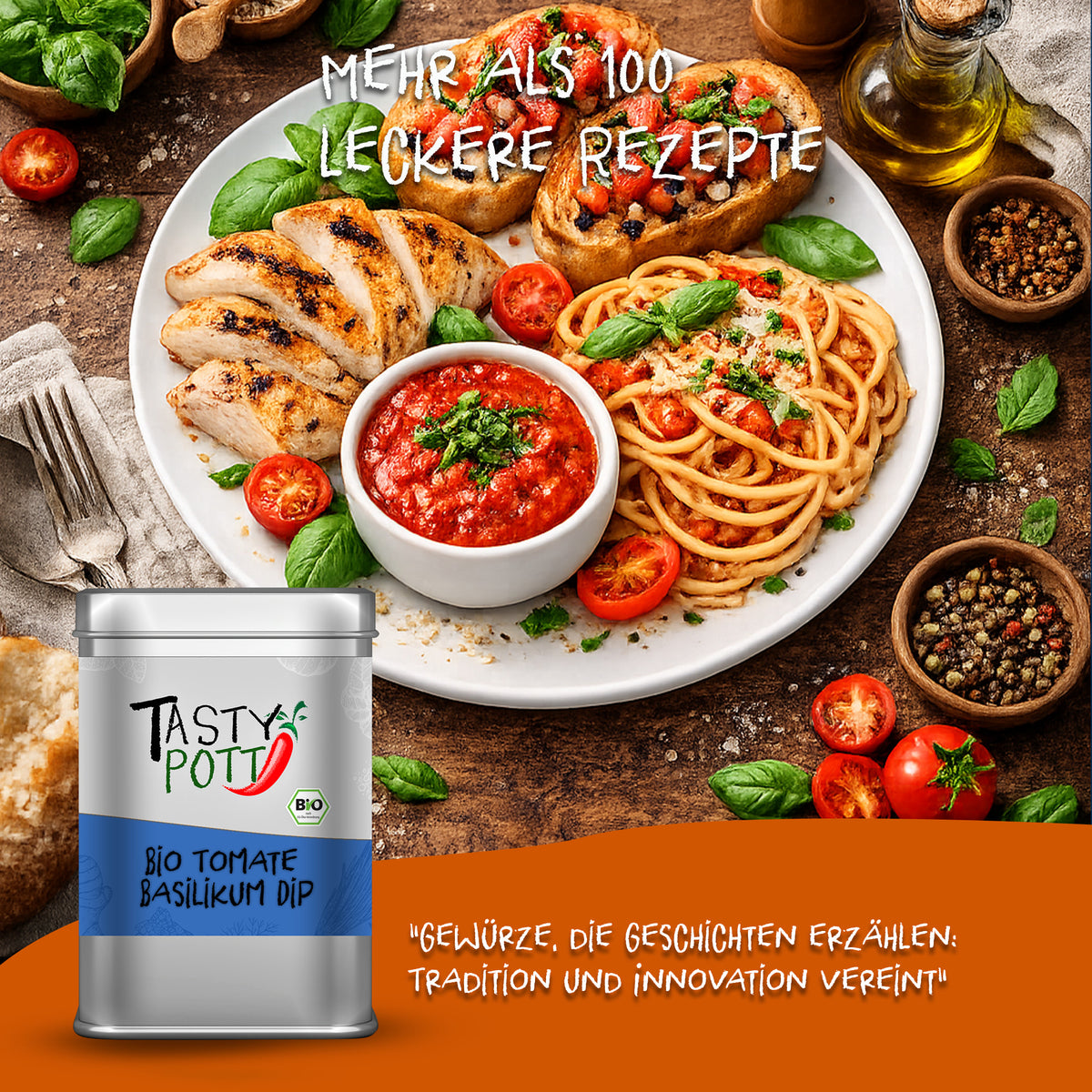 Tasty Pott Tomate Basilikum Dip Dose vor einem Teller mit Pasta, Hähnchen, Bruschetta und Tomatendip, dekoriert mit frischen Kräutern und Tomaten.