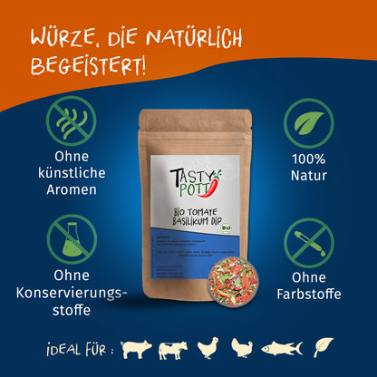 Tasty Pott Tomate Basilikum Dip Nachfüllbeutel mittig, umgeben von Symbolen für natürliche Zutaten und ohne künstliche Zusätze, auf blau-orangefarbenem Hintergrund.