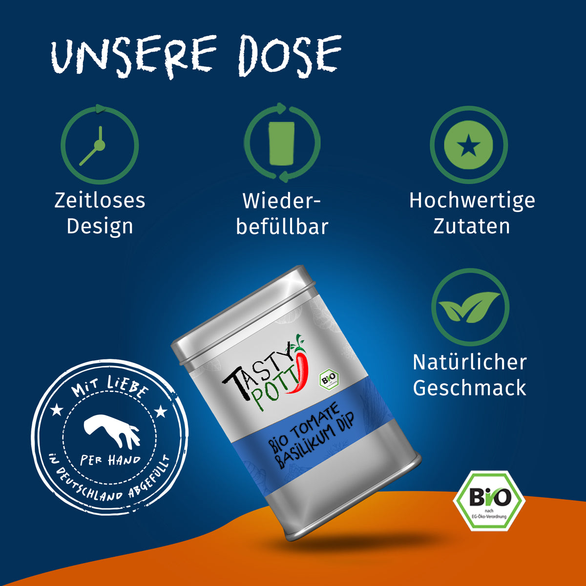 Tasty Pott Tomate Basilikum Dip Dose schräg auf blauem Hintergrund, mit Icons für zeitloses Design, Wiederbefüllbarkeit und hochwertige Zutaten.