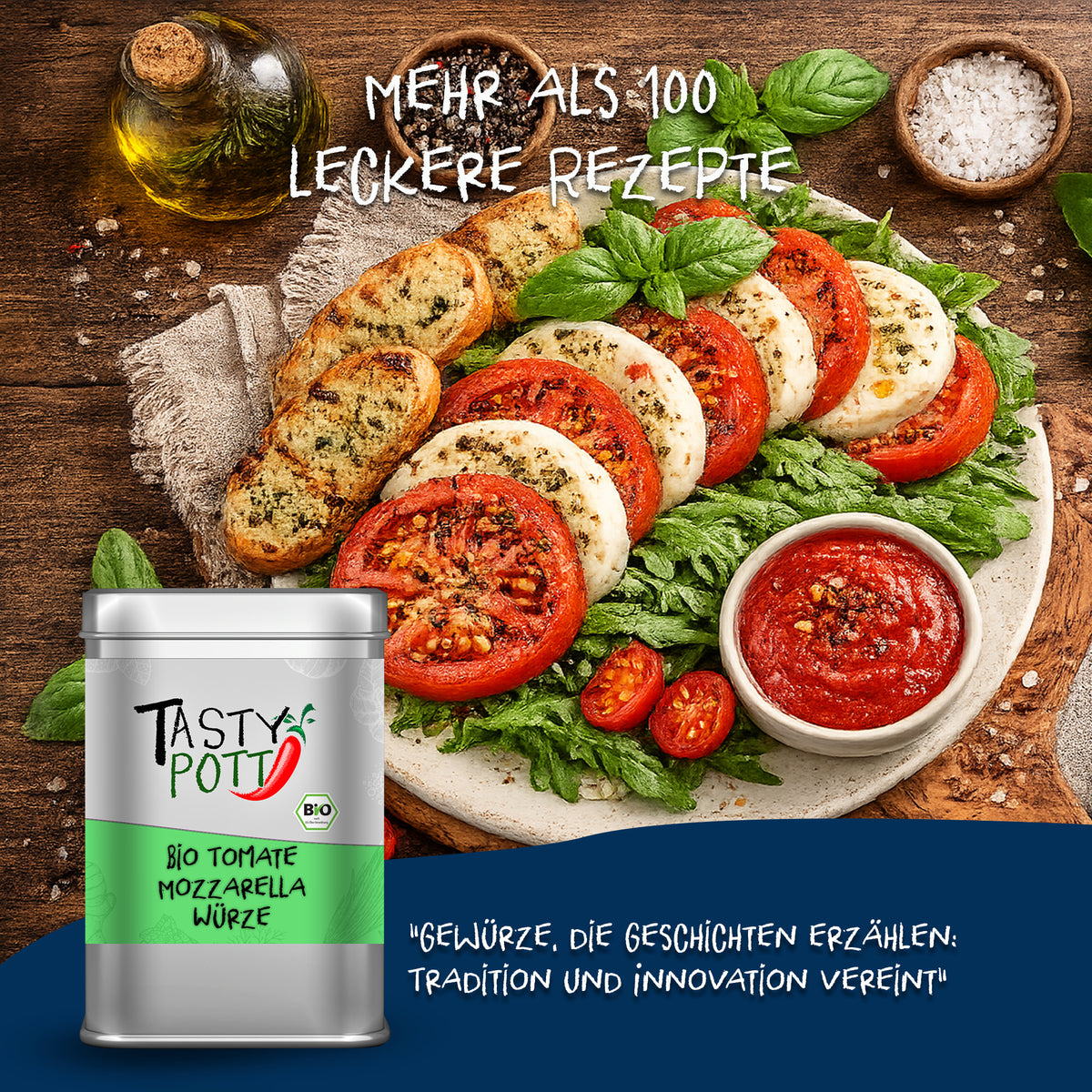 Tasty Pott Bio Tomate Mozzarella Würze Dose vor einem Teller Caprese-Salat mit Tomaten, Mozzarella und Kräutern auf Holzuntergrund.