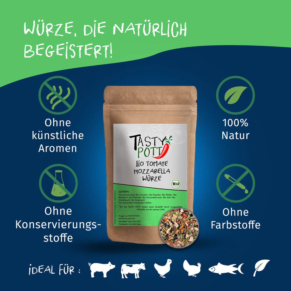 Tasty Pott Bio Tomate Mozzarella Würze im braunen Nachfüllbeutel auf blau-grünem Hintergrund mit Symbolen für natürliche gewürzmischung.