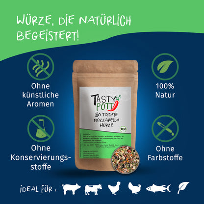 Tasty Pott Tomate Mozzarella Gewürz im braunen Beutel vor blau-grünem Hintergrund, umgeben von Symbolen für natürliche Zutaten und ohne Zusatzstoffe.