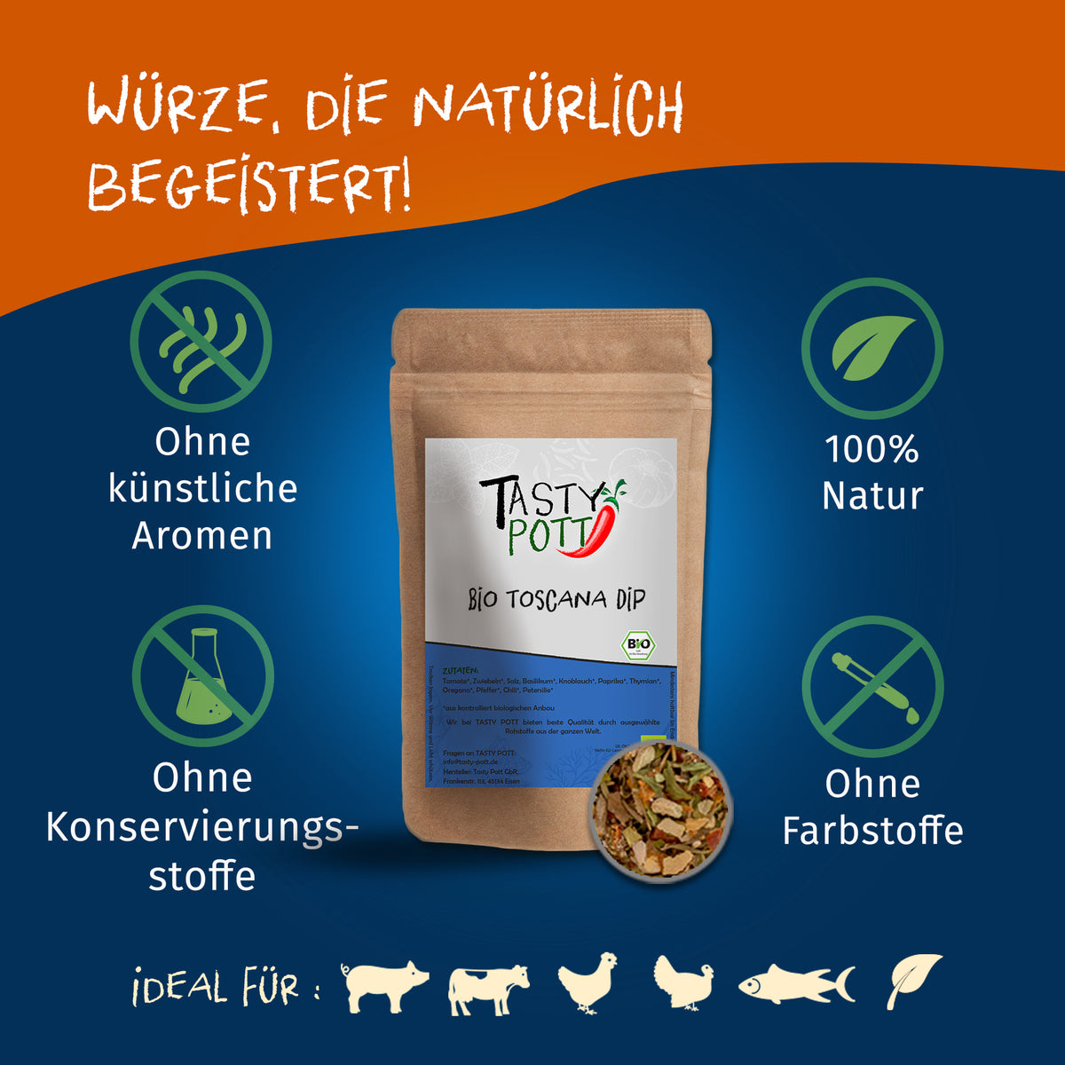 Tasty Pott Bio Toscana Dip in brauner Tüte, umgeben von Symbolen für natürliche Zutaten und ohne Zusatzstoffe auf blauem Hintergrund.