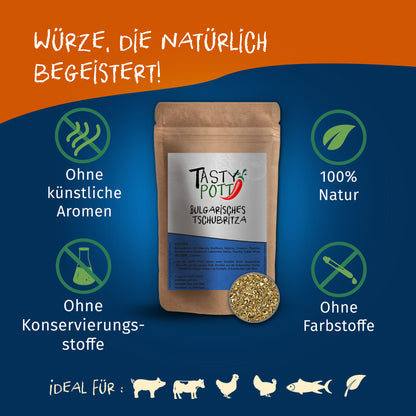 Tasty Pott bulgarisches Tschubritza Gewürzmischung im braunen Nachfüllbeutel, umgeben von Symbolen für natürliche Zutaten und ohne Zusatzstoffe auf blau-orangem Hintergrund.