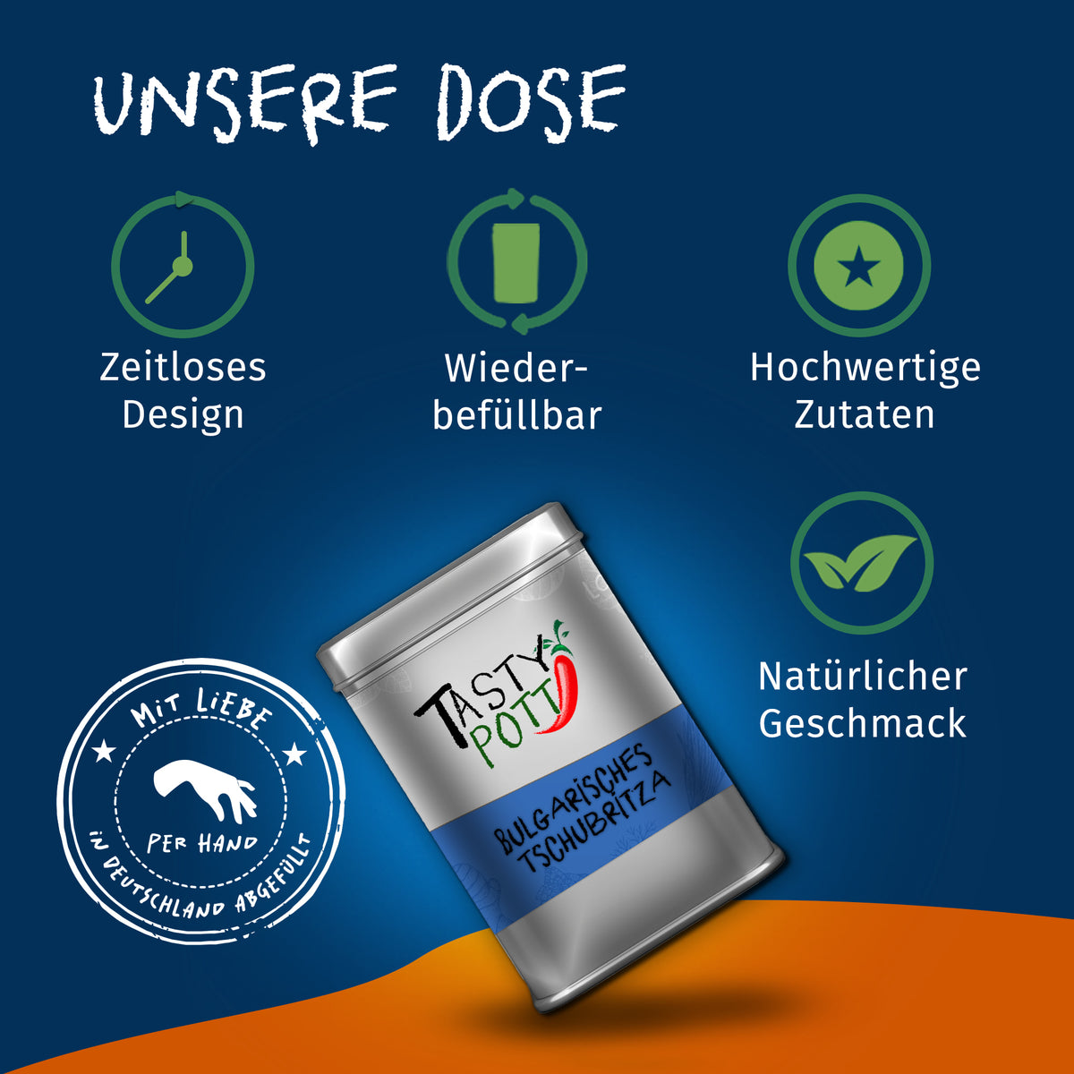 Silberne Dose der Tasty Pott bulgarisches Tschubritza Gewürzmischung auf blau-orangem Hintergrund mit Icons für zeitloses Design, Wiederbefüllbarkeit und natürliche Zutaten.