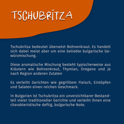 Infografik mit Erklärung zu Tschubritza, einer bulgarischen Gewürzmischung, auf blau-orangem Hintergrund, ohne sichtbare Verpackung.