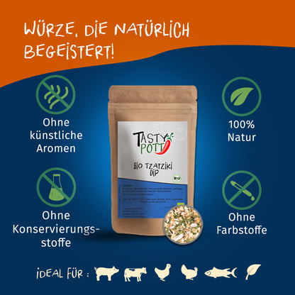 Tasty Pott Bio Tzatziki Dip Gewürzmischung im braunen Beutel, umgeben von Symbolen für natürliche Zutaten und ohne Zusatzstoffe.