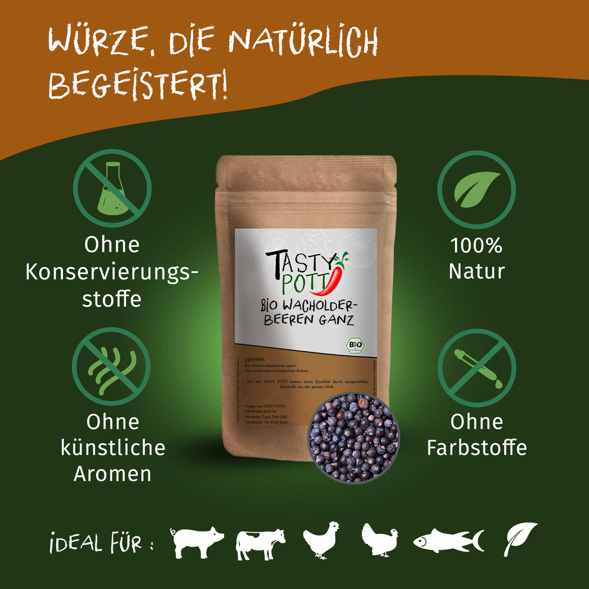 Tasty Pott Bio Wacholderbeeren ganz im braunen Standbeutel, umgeben von Icons für natürliche gewürze und Hinweise auf Verzicht von Zusatzstoffen.