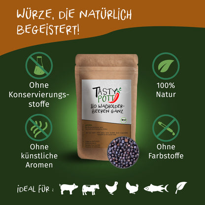 Tasty Pott Bio Wacholderbeeren ganz im braunen Standbeutel, umgeben von Icons für natürliche gewürze und Hinweise auf Verzicht von Zusatzstoffen.