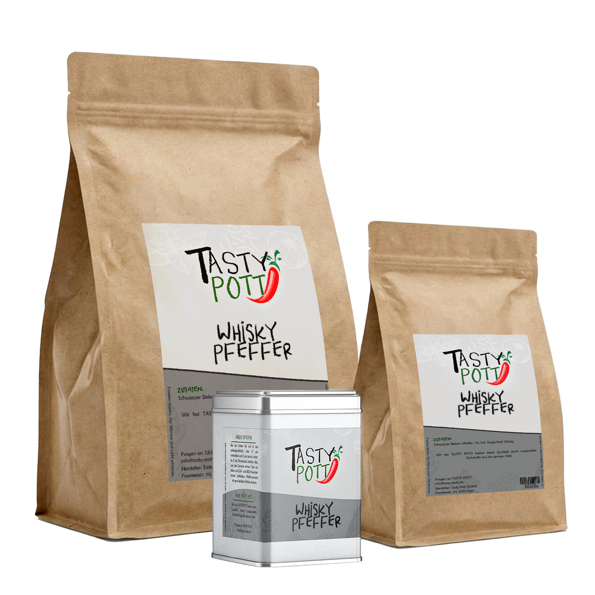 Tasty Pott Whisky Pfeffer schwarz ganz im Set: zwei Nachfüllbeutel und eine silberne Dose vor weißem Hintergrund.