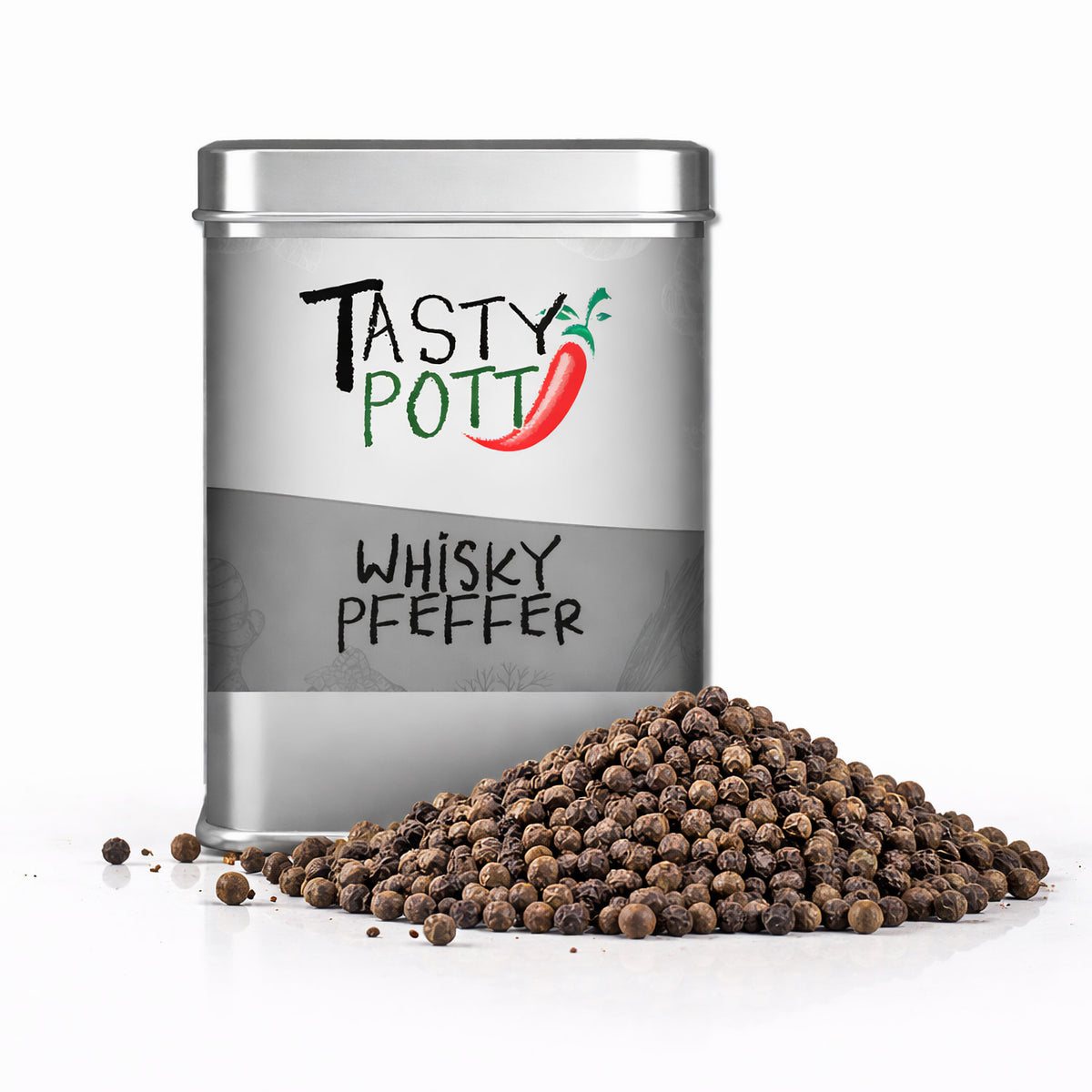 Tasty Pott Whisky Pfeffer ganz in silberner Dose, davor ein Haufen ganzer schwarzer Pfefferkörner auf weißem Untergrund.