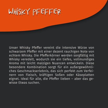 Texttafel mit Beschreibung des Tasty Pott Whisky Pfeffer, schwarzer Hintergrund und orangefarbener Akzent, keine Produktabbildung.