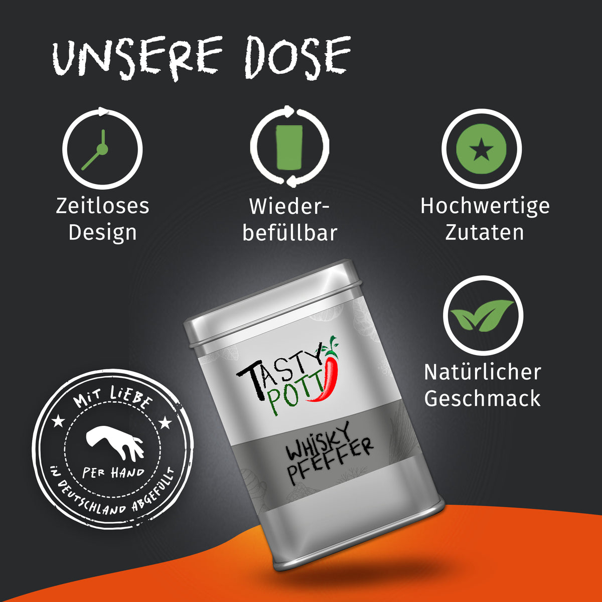 Silberne Tasty Pott Whisky Pfeffer Dose schräg stehend vor dunklem Hintergrund, umgeben von Icons zu Design, Wiederbefüllbarkeit und natürlichen Zutaten.