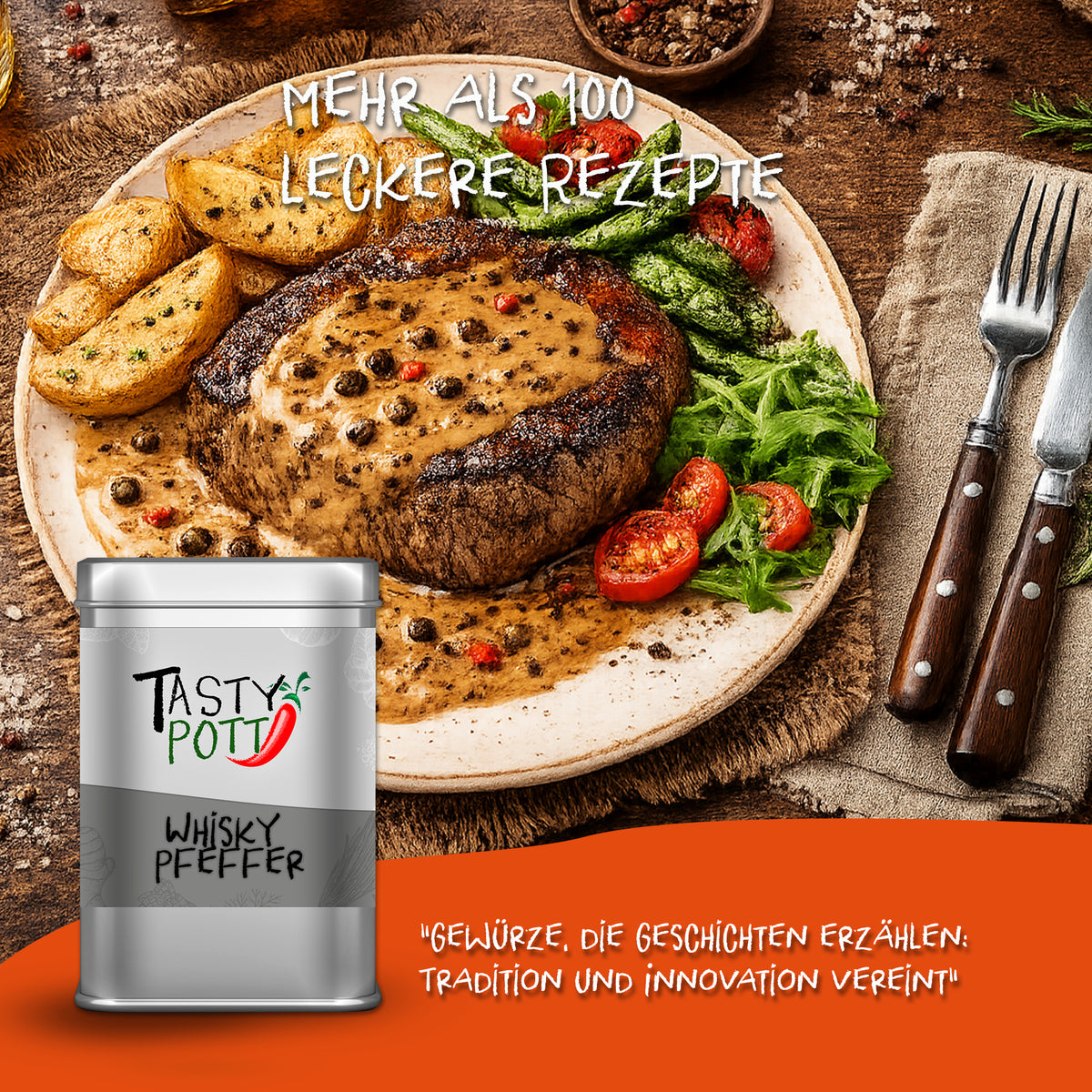 Serviervorschlag mit Steak in Pfeffersoße, Kartoffeln und Gemüse, vorne Tasty Pott Whisky Pfeffer Dose, rustikaler Holztisch.