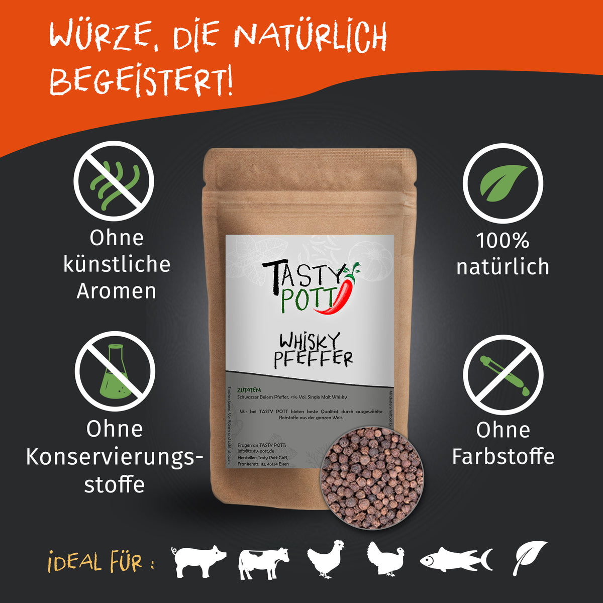 Tasty Pott Whisky Pfeffer schwarz Nachfüllbeutel mit sichtbaren Pfefferkörnern, umgeben von Symbolen für natürliche gewürze und ohne Zusatzstoffe.