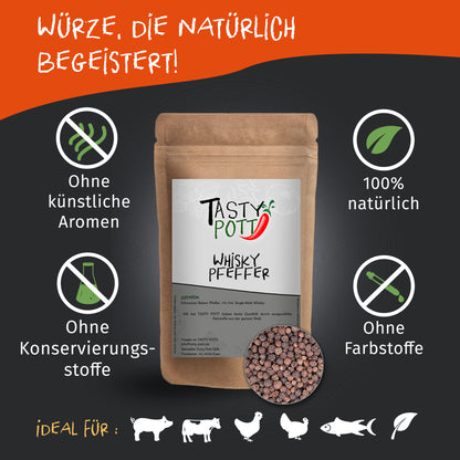 Tasty Pott Whisky Pfeffer schwarz Nachfüllbeutel mit sichtbaren Pfefferkörnern, umgeben von Symbolen für natürliche gewürze und ohne Zusatzstoffe.
