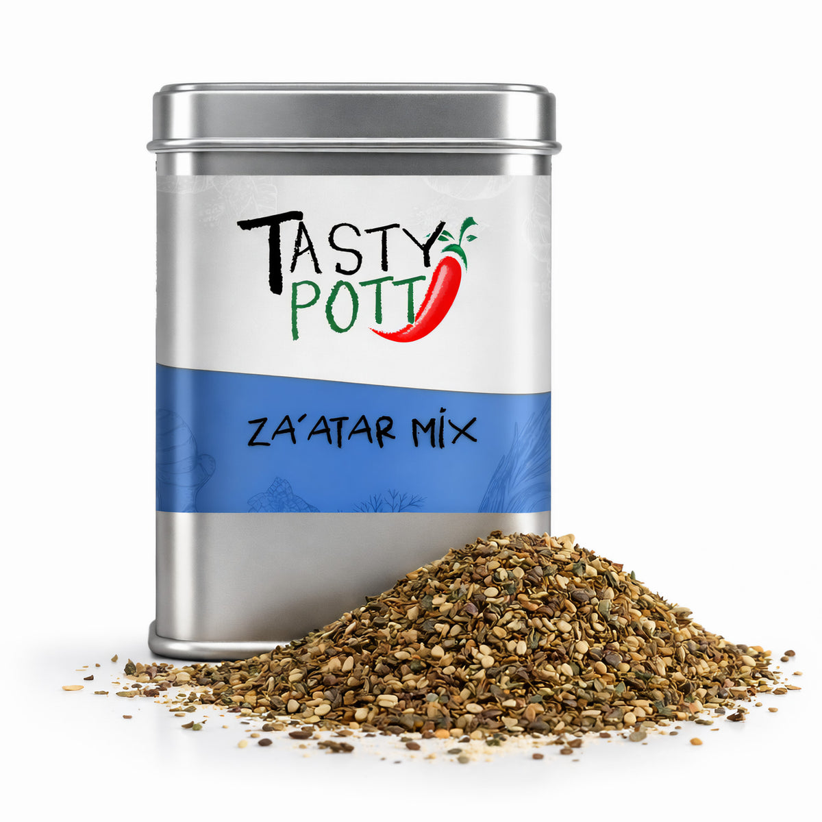 Tasty Pott Za'atar Gewürzmischung in silberner Dose mit blauem Etikett, davor ein Haufen grober zaatar Gewürze auf weißem Hintergrund.