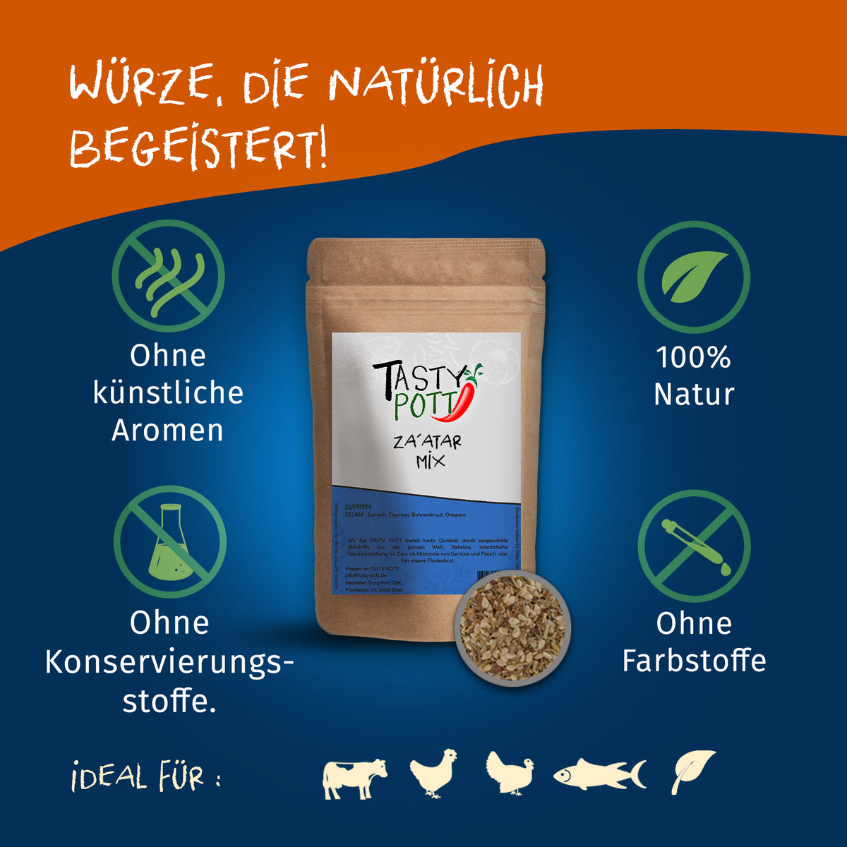 Tasty Pott Za'atar Gewürzmischung im braunen Beutel vor blauem Hintergrund, umgeben von Symbolen für natürliche Zutaten und ohne Zusatzstoffe.