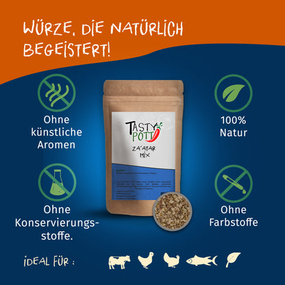 Tasty Pott Za'atar Gewürzmischung im braunen Beutel vor blauem Hintergrund, umgeben von Symbolen für natürliche Zutaten und ohne Zusatzstoffe.