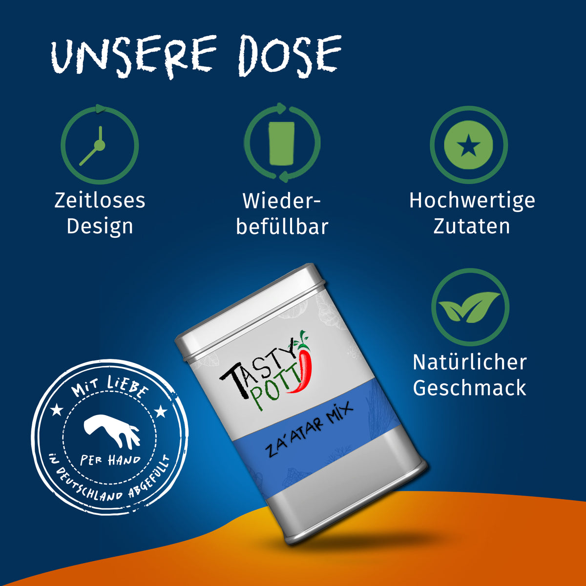 Silberne Tasty Pott Za'atar Gewürzmischung Dose auf blau-orangefarbenem Hintergrund, mit Symbolen für Design, Wiederbefüllbarkeit und hochwertige Zutaten.