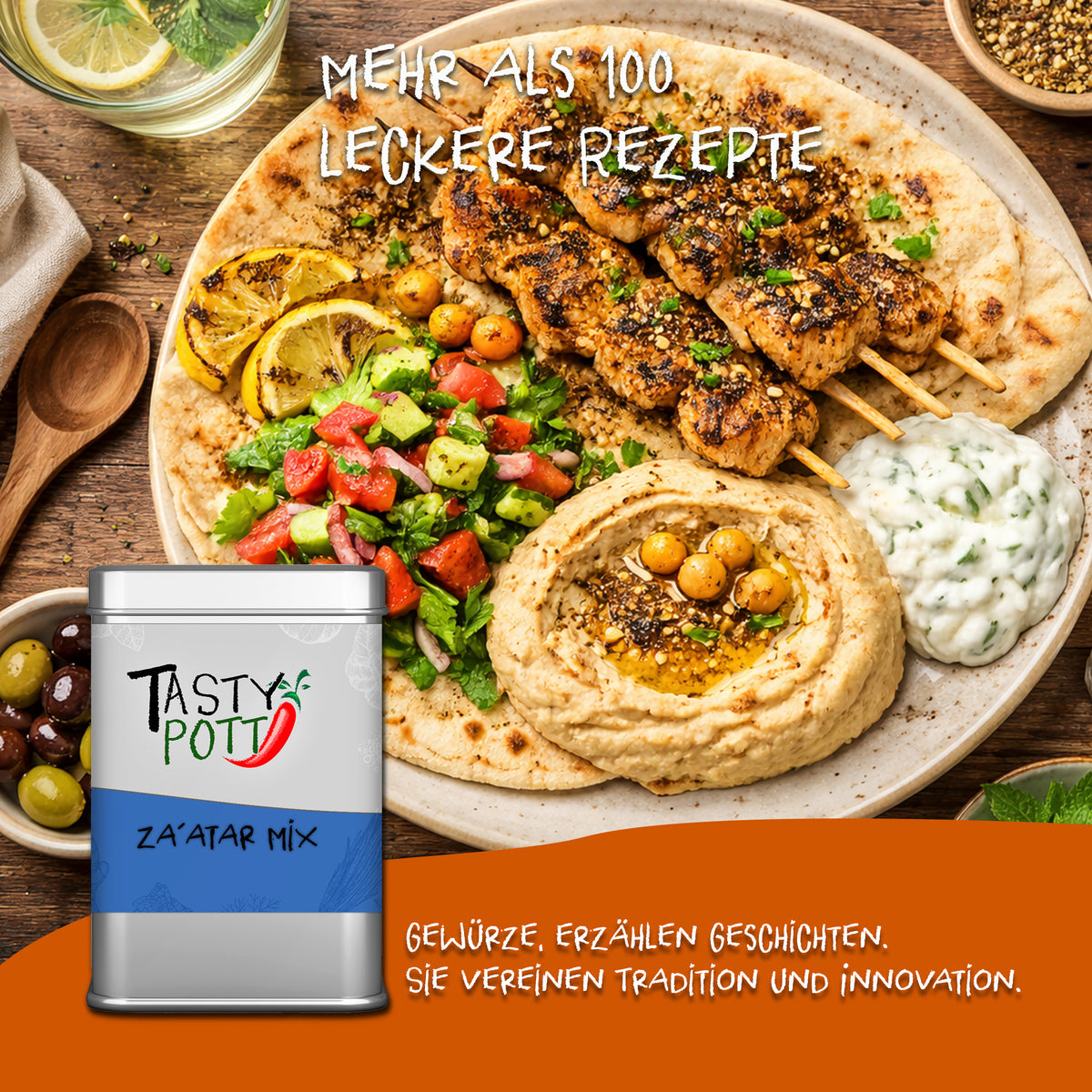 Tasty Pott Za'atar Gewürzmischung Dose vor einem Teller mit arabischem Fladenbrot, Hummus, Salat und gegrilltem Fleischspieß.