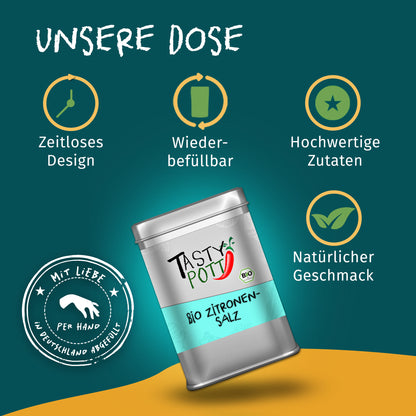 Tasty Pott Zitronensalz in silberner 100g Dose auf farbigem Hintergrund mit Symbolen für Design, Wiederbefüllbarkeit und natürliche Zutaten.