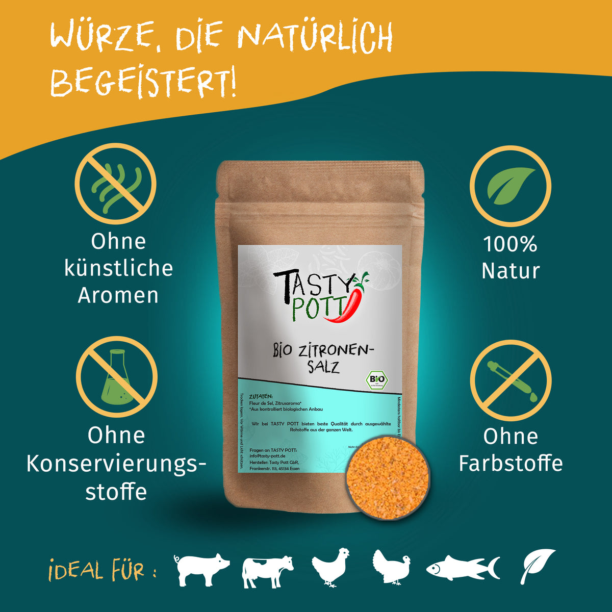 Tasty Pott Zitronensalz im braunen Standbeutel mit Sichtfenster, umgeben von Symbolen für natürliche Zutaten und ohne Zusatzstoffe.