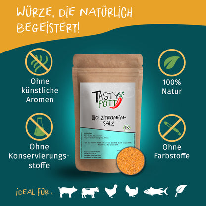 Tasty Pott Zitronensalz im braunen Standbeutel mit Sichtfenster, umgeben von Symbolen für natürliche Zutaten und ohne Zusatzstoffe.