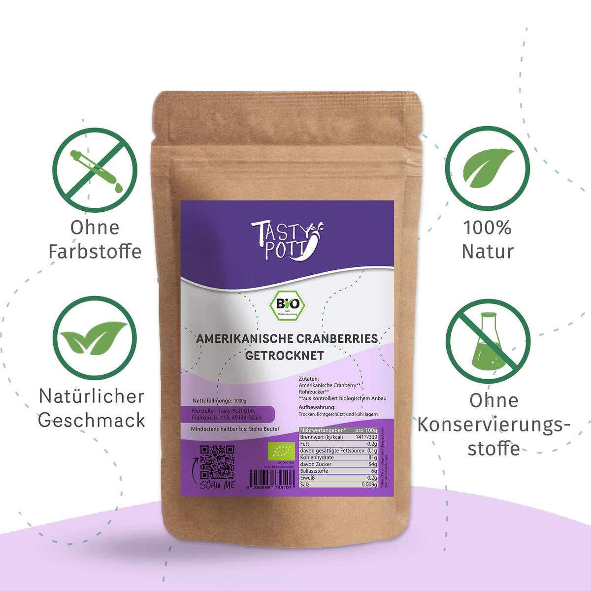 Tasty Pott Amerikanische Bio Cranberries getrocknet - 1kg Beutel — Abbildung 3