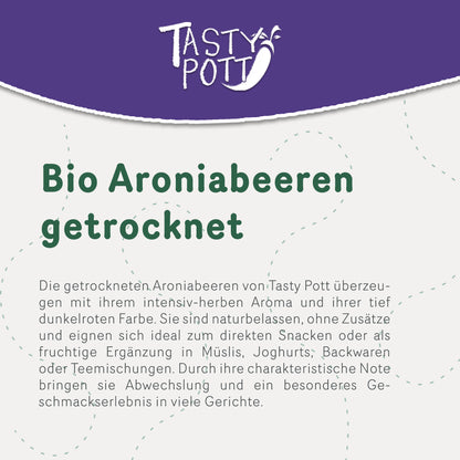 Texttafel mit Beschreibung zu den getrockneten Bio Aroniabeeren von Tasty Pott auf hellem Hintergrund mit violettem Akzent.