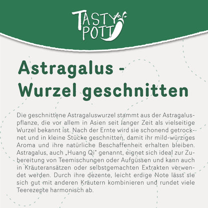 Detailansicht eines Infotextes zu geschnittener Astragaluswurzel von Tasty Pott mit Beschreibung zur Herkunft und Verwendung der Tragantwurzel.