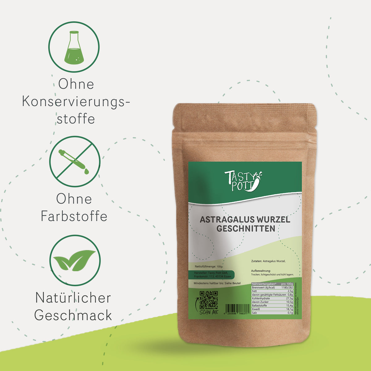 Ein Beutel Tasty Pott Astragaluswurzel geschnitten, daneben Icons für ohne Konservierungsstoffe, ohne Farbstoffe und natürlicher Geschmack.