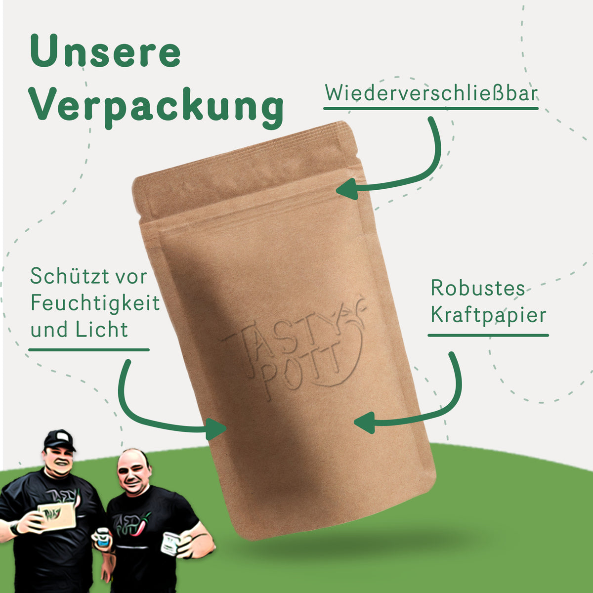 Tasty Pott Verpackung aus robustem Kraftpapier mit Hinweisen auf Wiederverschließbarkeit und Schutz vor Feuchtigkeit und Licht, daneben zwei Personen.
