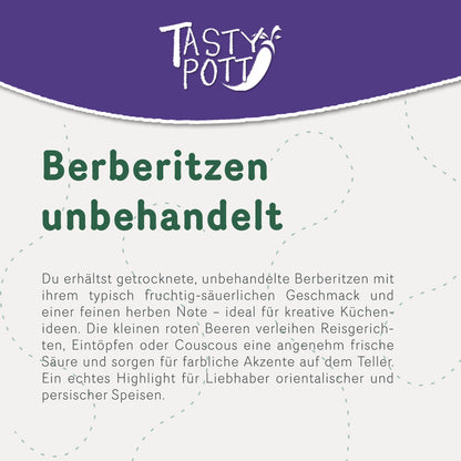 Nahaufnahme des Etiketts von Tasty Pott Berberitzen getrocknet mit Produktbeschreibung und Markenschriftzug auf lila Hintergrund.