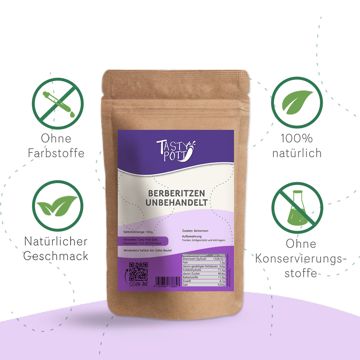 Ein Beutel Tasty Pott Berberitzen getrocknet, umgeben von Symbolen für natürliche Zutaten und ohne Zusatzstoffe.