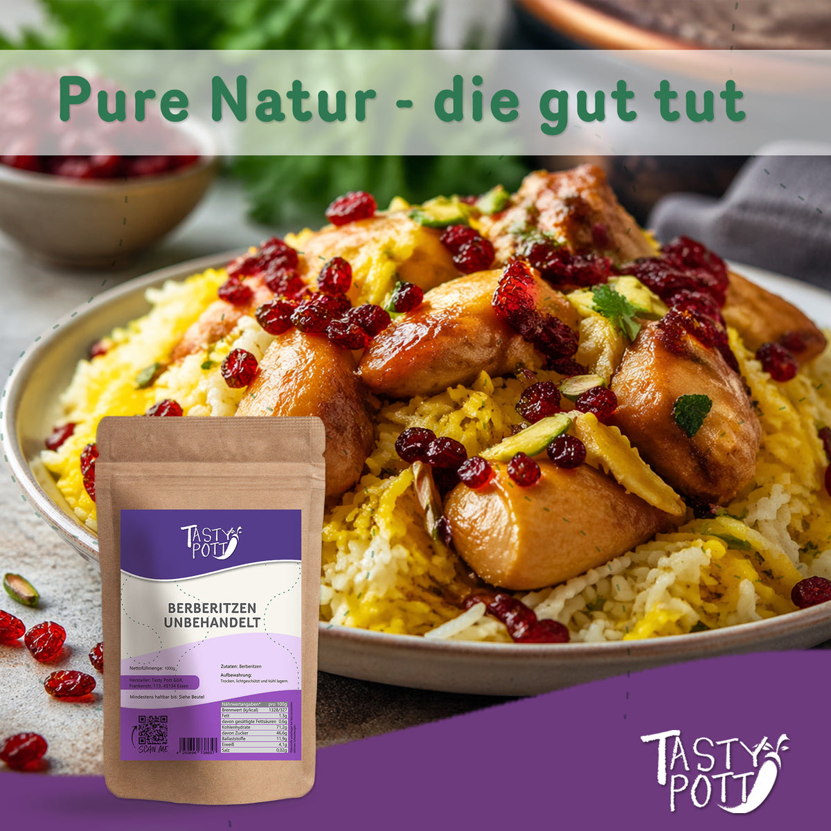 Teller mit Reisgericht, Hähnchen und getrockneten berberitzen beeren, im Vordergrund ein Beutel Tasty Pott Berberitzen getrocknet.