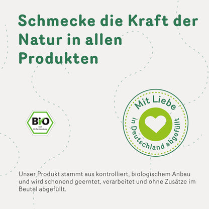Grafik mit Bio-Siegel, Herzsymbol und Text zu kontrolliert biologischem Anbau und Abfüllung in Deutschland für tasty produkte.