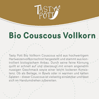 Detailansicht des Etiketts von Tasty Pott Bio Vollkorn Couscous mit Produktbeschreibung auf hellem Hintergrund.