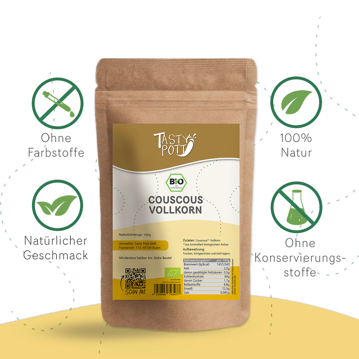 Tasty Pott Bio Vollkorn Couscous Beutel stehend, umgeben von Symbolen für natürliche Produkteigenschaften wie ohne Farbstoffe und Konservierungsstoffe.