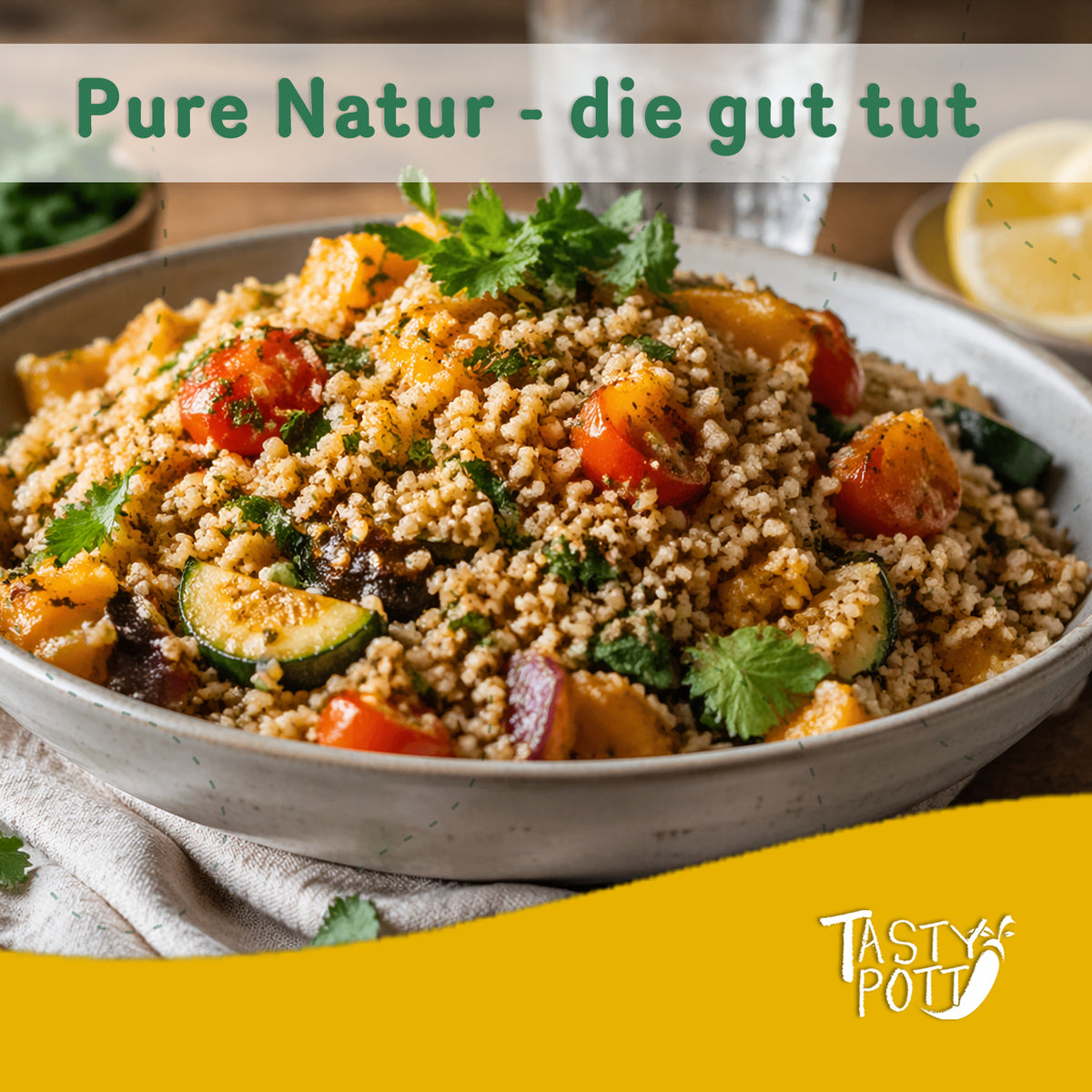 Schale mit zubereitetem Couscous von tasty pott, gemischt mit Gemüse wie Tomaten, Zucchini und Kräutern, im Vordergrund gelber Banner.